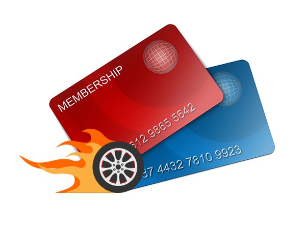 Vector of two membership cards, one blue and one red, with a wheel on fire symbolizing our Wireless Payment Processing services