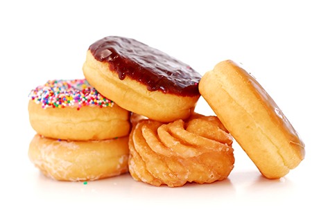 Stack of 5 donuts; two sprinkles, one chocolate, one old fashioned, one glazed - bakery POS system