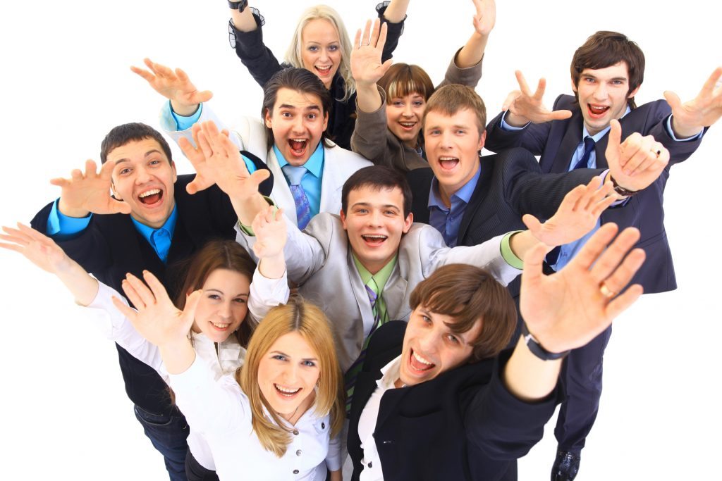 Best Merchant Services - group of excited business people reaching their hands to the sky