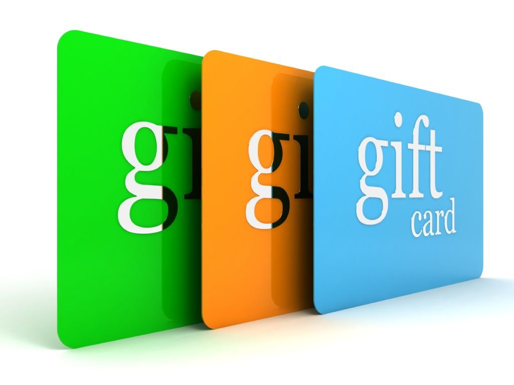 Custom Gift Cards - green orange and blue cards that say "gift card"