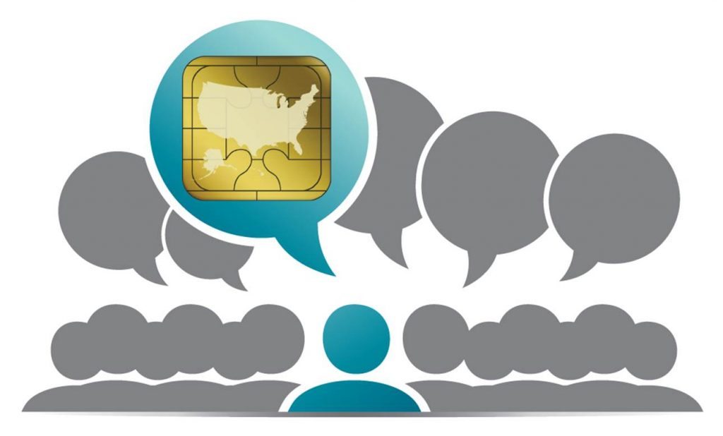 EMV Compliance - graphic of people with speech bubbles, one of them containing an EMV chip and the United States shape