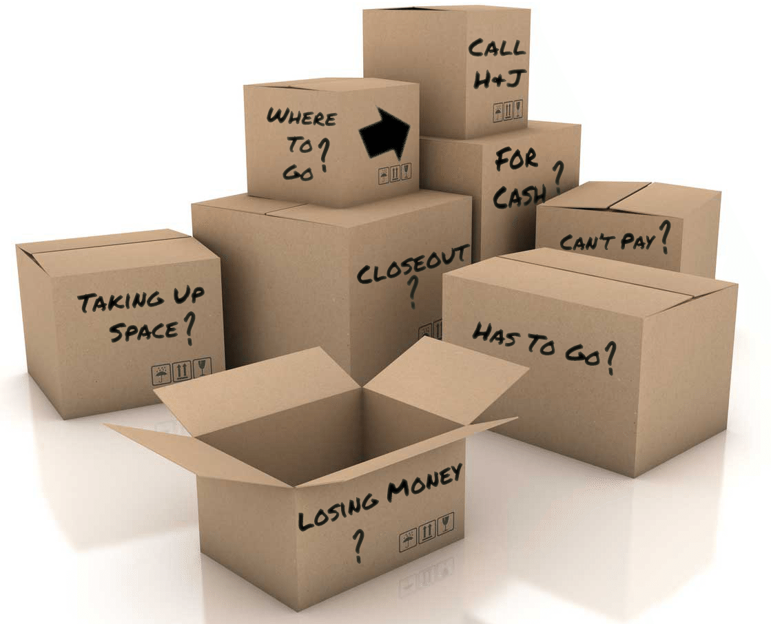 Inventory Control Systems - eight moving boxes with questions written on them in permanent marker